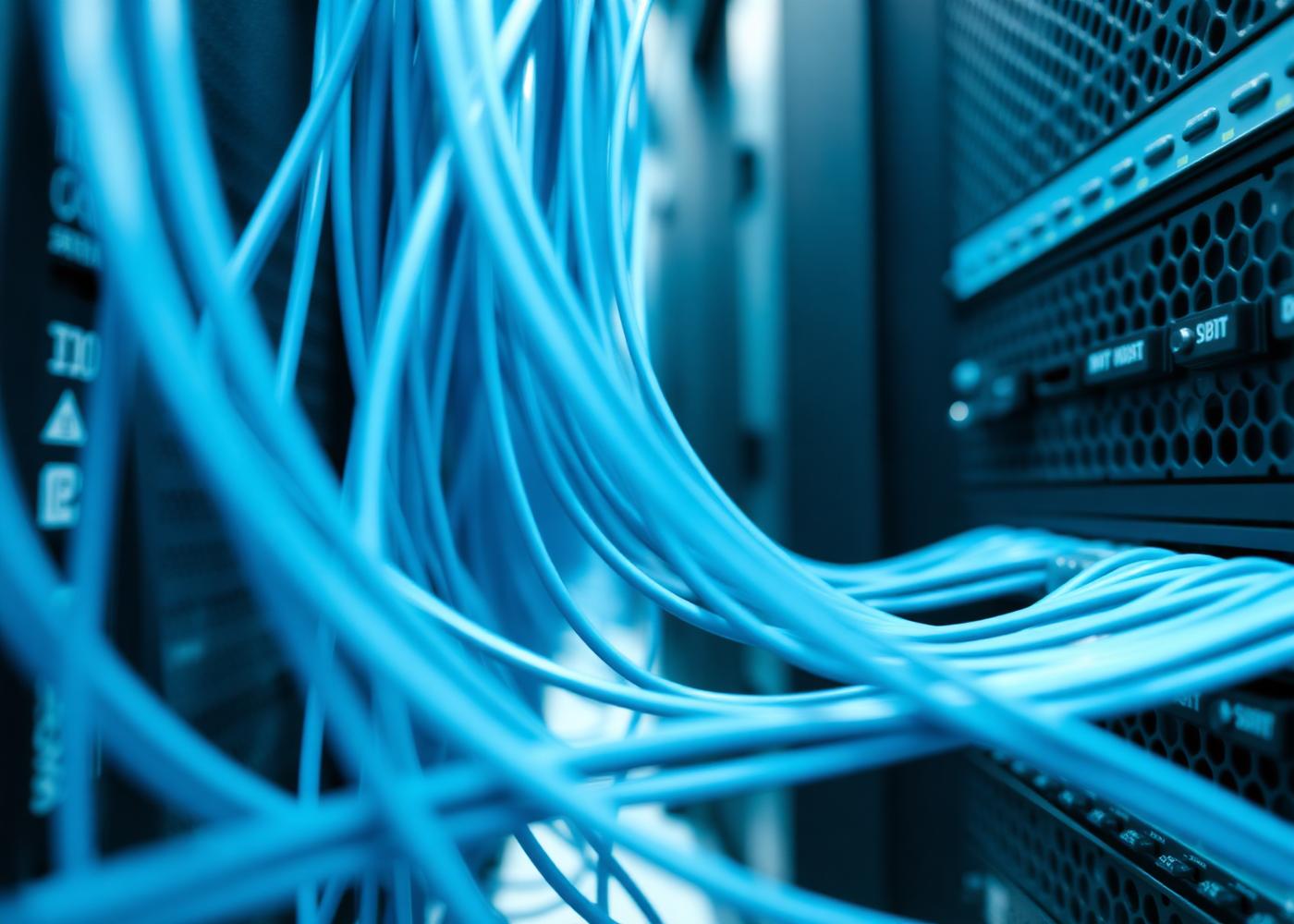 Close-up of blue network cabling running into server racks in a data centre