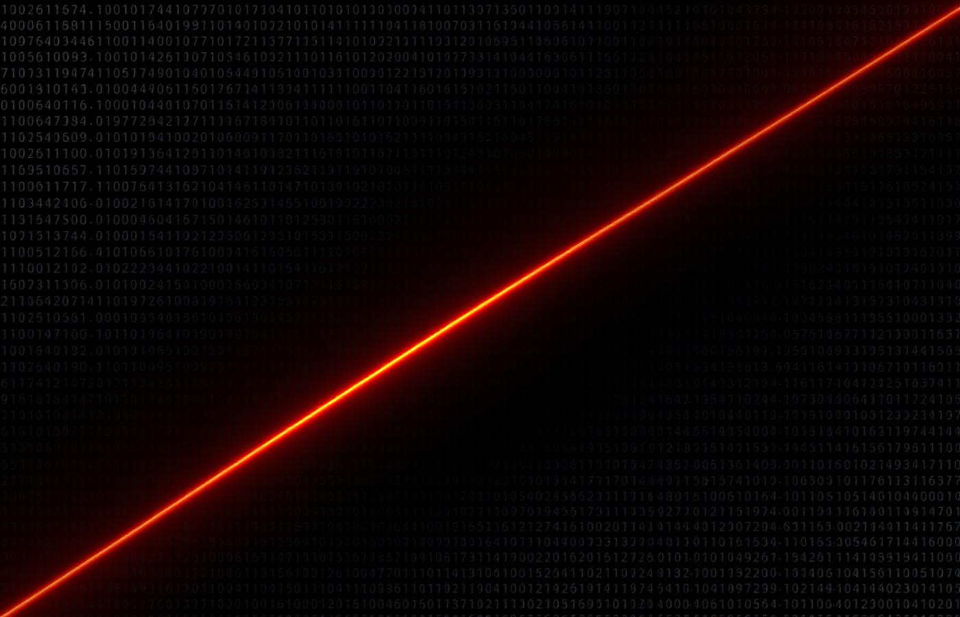 Dark abstract visualisation of encrypted data with a single bright diagonal signal line